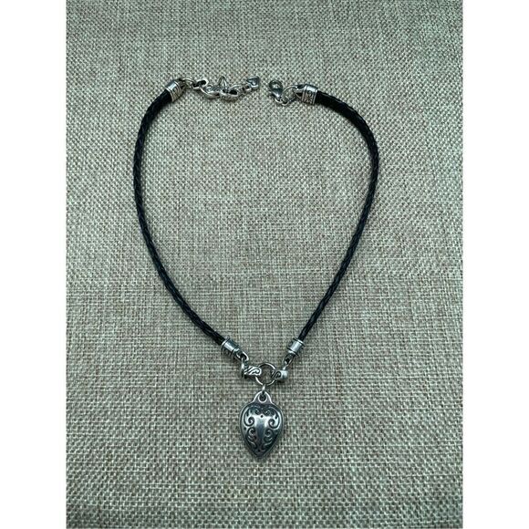 Brighton Silver Tone and Black Leather Braided Heart Charm Necklace 17” - Picture 6 of 7